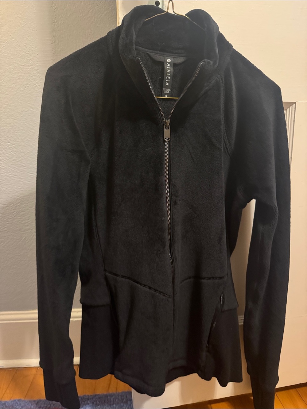Athleta Black Hooded Teddy Fleece Zip Jacket
